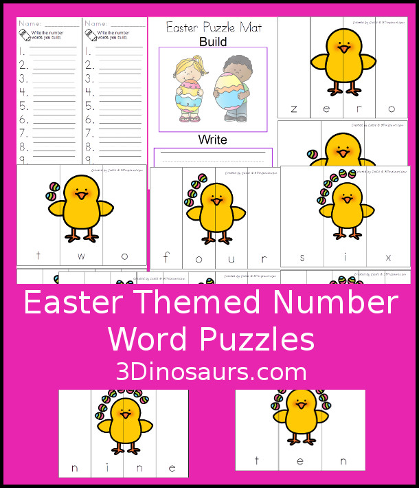 Free Easter Theme Number Word Puzzles - hands-on spelling activity for number words o to 10 - 3Dinosaurs.com #freeprintable #numbersforkids #easterprintables #kindergarten