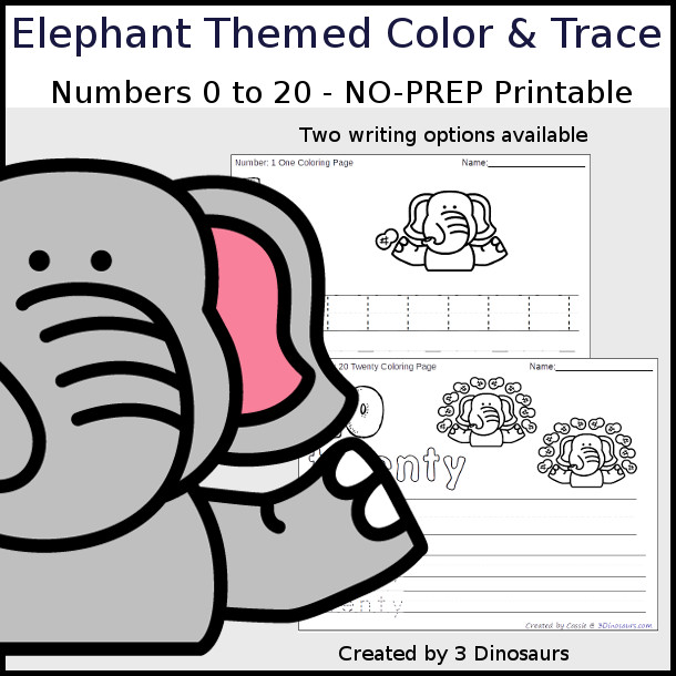 No-Prep Elephant Themed Number Color and Trace - easy no-prep printables with a fun elephant and peanut theme 44 pages with two options for the numbers tracing or writing $ - 3Dinosaurs.com #noprepprintable #summerprintables #numbersforkids