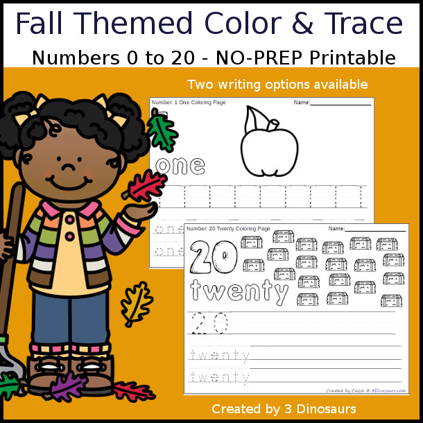 No-Prep Fall Themed Number Color and Trace - easy no-prep printables with a fun fall theme 44 pages with two options for the numbers tracing or writing $ - 3Dinosaurs.com