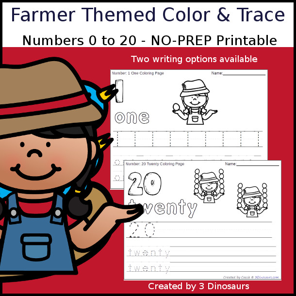 No-Prep Farmer Themed Number Color and Trace - easy no-prep printables with a fun farmer theme 44 pages with two options for the numbers tracing or writing $ - 3Dinosaurs.com #noprepprintable #farmprintables #numbersforkids