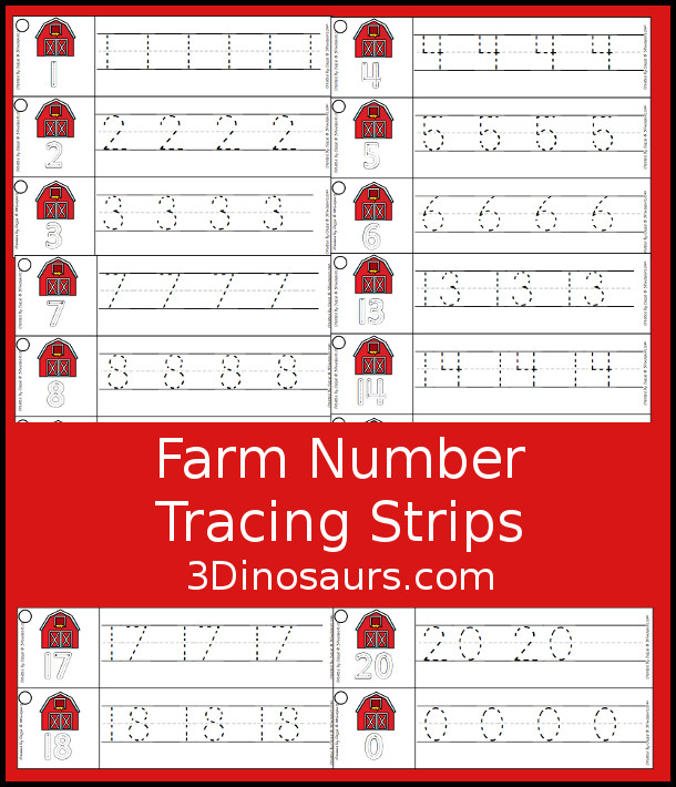 Free Farm Number Tracing Strips - with numbers 0 to 20. A fun farm theme with a barn on each printable number tracing strip - 3Dinosaurs.com