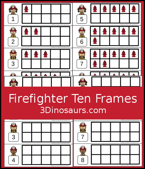 Free Firefighter Ten Frames Numbers 1 to 10 - with two sets of ten frames to work on counting from 1 to 10 with filled in ten frames to match the numbers and blank ten frames - 3Dinosaurs.com