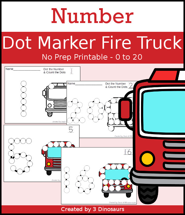 Fire Truck Dot the Number & Count the Dots - numbers 0 to 20 with dot marker activities for kids to work on numbers and counting - 3Dinosaurs.com