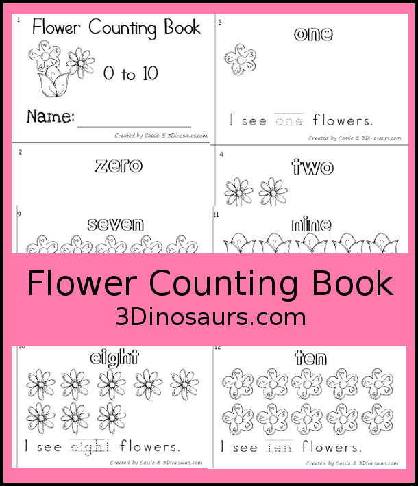 Free Flower Number Word Counting Book Printable - with counting from 0 to 10 with color and tracing the number word on each page - 3Dinosaurs.com