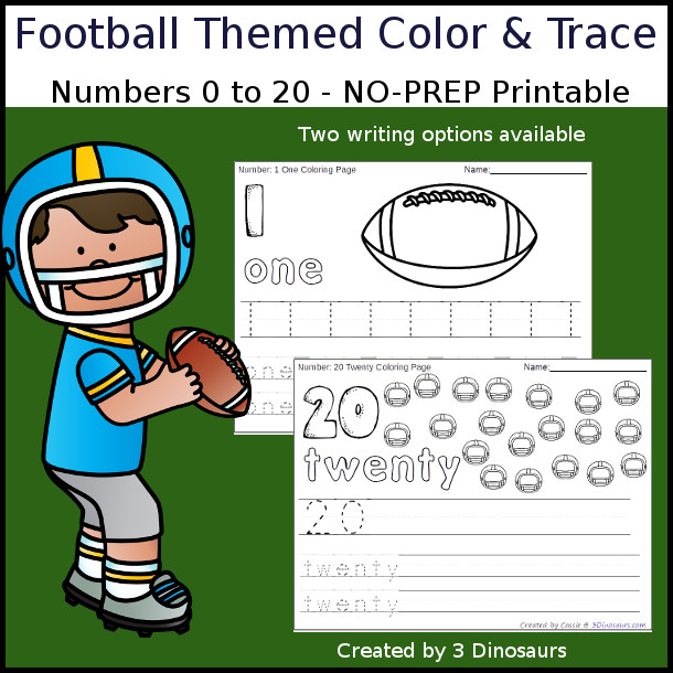 No-Prep Football Themed Number Color and Trace - easy no-prep printables with a fun football theme 44 pages with two options for the numbers tracing or writing $ - 3Dinosaurs.com #noprepprintable #footballprintables #numbersforkids