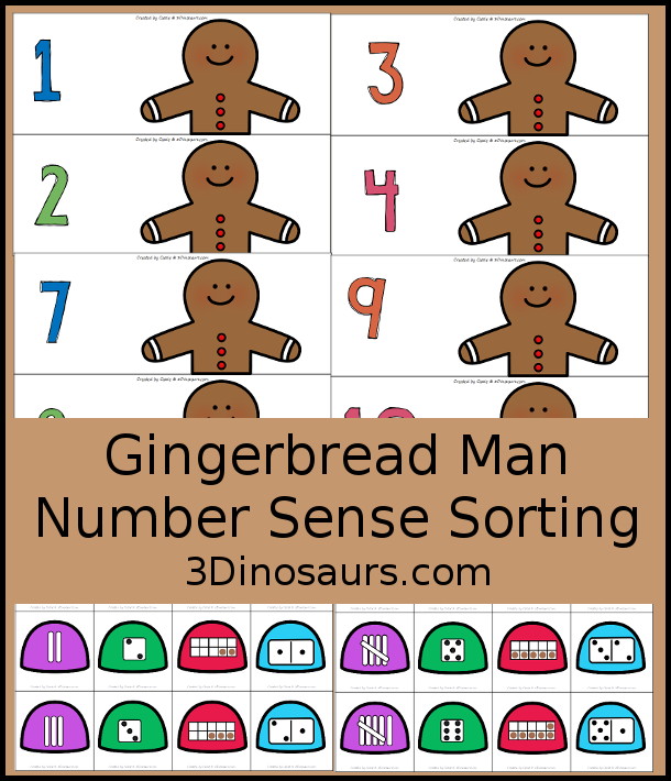 Free Gingerbread Man Number Sense Sorting from 1 to 10 with matching several different number types to the numerical number including tally marks, dominos, ten frames, and dice  - 3Dinosaurs.com