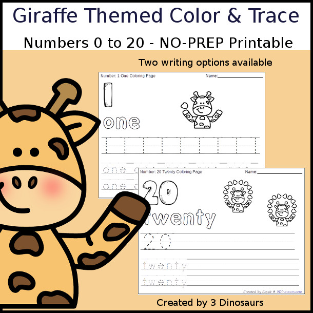 No-Prep Giraffe Themed Number Color and Trace - easy no-prep printables with a fun giraffe and leaves theme 44 pages with two options for the numbers tracing or writing $ - 3Dinosaurs.com #noprepprintable #summerprintables #numbersforkids