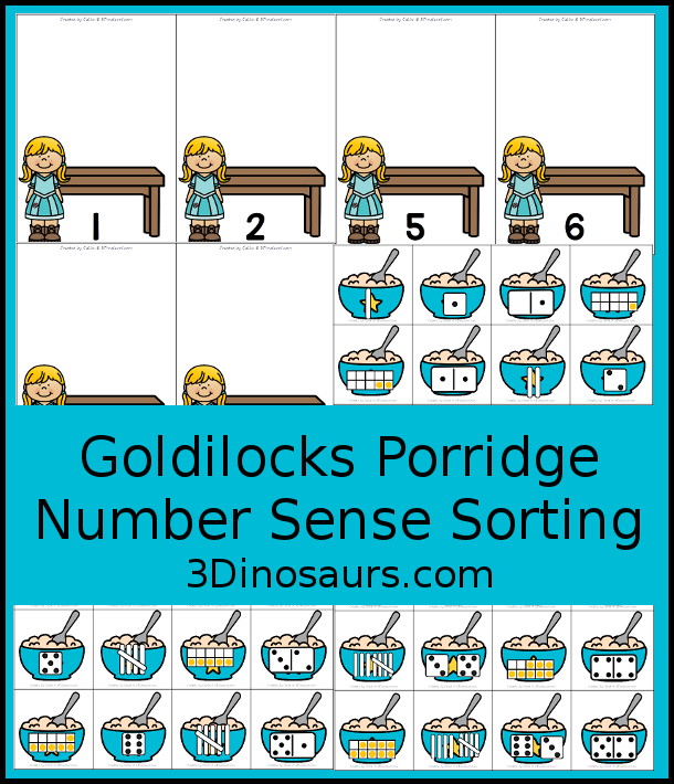 Free Goldilocks Porridge Number Sense from 1 to 20 with matching several different number types to the numerical number including tally marks, dominos, ten frames, and dice  - 3Dinosaurs.com