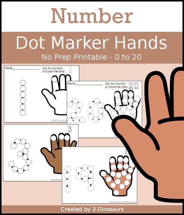 Hand Dot the Number & Count the Dots - numbers 0 to 20 with dot marker activities for kids to work on numbers and counting - 3Dinosaurs.com