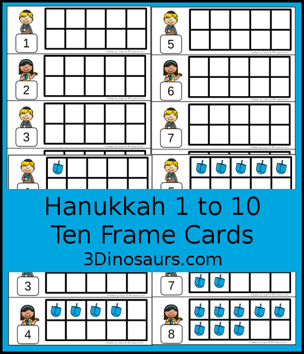 Free Hanukkah Ten Frame Cards - two different types of cards to use with dreidels and counting numbers from 1 to 10 - 3Dinosaurs.com