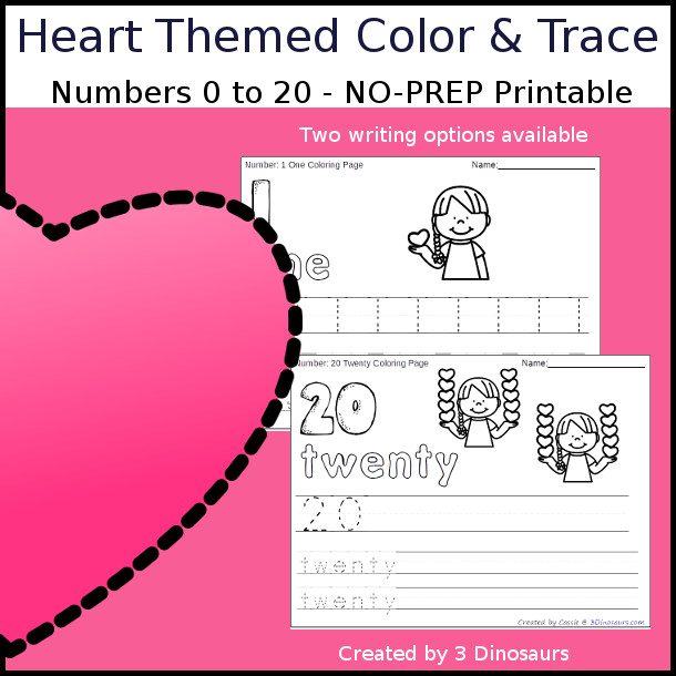 No-Prep Heart Themed Number Color and Trace - easy no-prep printables with a fun heart theme 44 pages with two options for the numbers tracing or writing $ - 3Dinosaurs.com #noprepprintable #valentinesprintables #numbersforkids