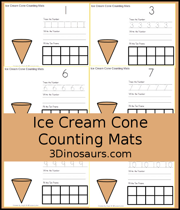 Free Ice Cream Cone Number Counting, Tracing & Writing Mats - work on numbers 1 to 10 with tracing, writing, counting, ten frames and more with easy to use math center mats - 3Dinosaurs.com  #3dinosaurs #kindergarten #prek #numbers #freeprintable