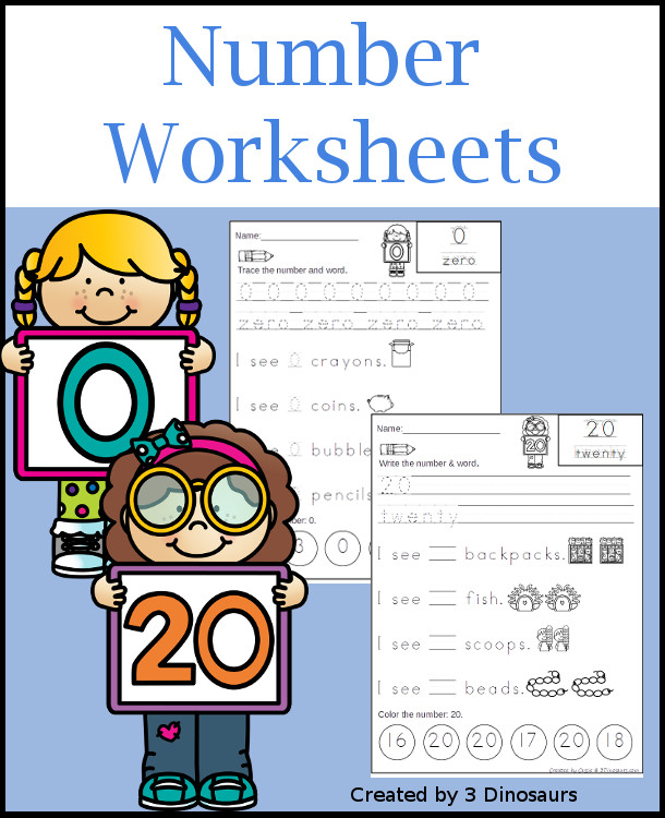 Number Worksheets - 0 to 20 easy no-prep printables $ - 3Dinosaurs.com