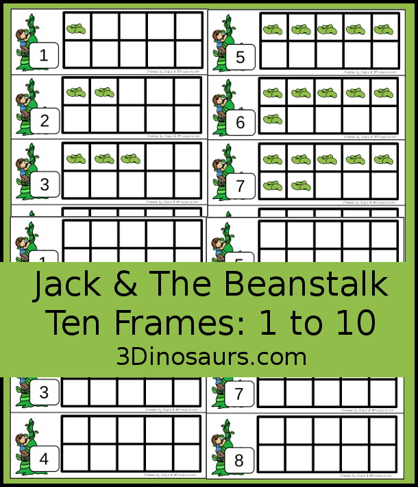 Free Bean Ten Frame Printables for Jack & the Beanstalk has numbers 1 to 10. You have two sets of ten frames cards. You have one with the ten frame filled out and one with the ten frame blank. - 3Dinosaurs.com