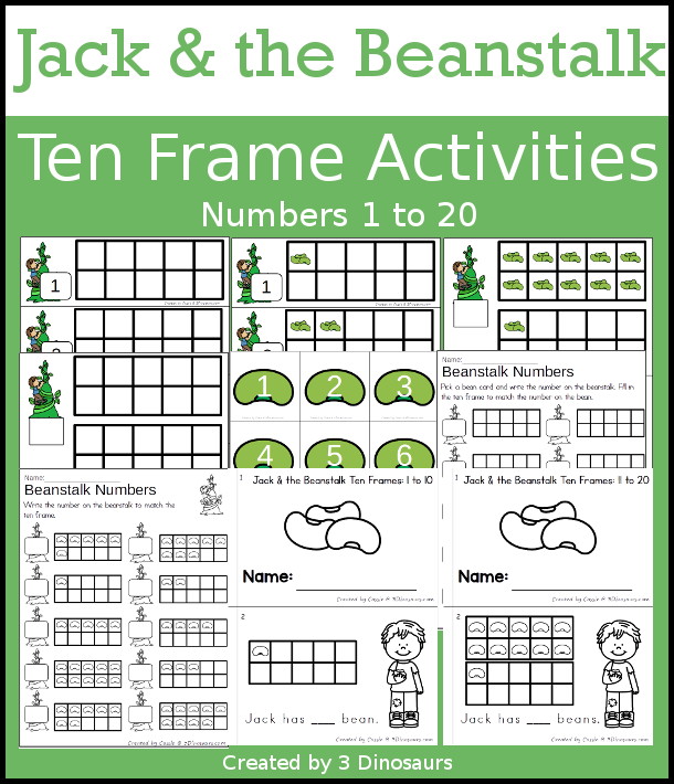 Jack & the Beanstalk Ten Frame Printables for Prek and Kindergarten - with numbers 1 to 20 with bean ten frame cards, bean ten frame easy reader books, and bean ten frame worksheets - 3Dinosaurs.com