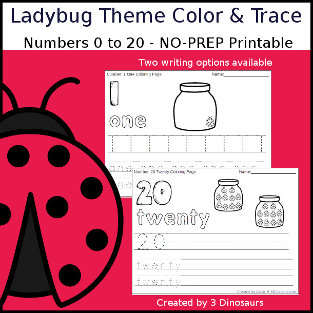 No-Prep Ladybug Themed Number Color and Trace - easy no-prep printables with a fun ladybug themed theme 44 pages with two options for the numbers tracing or writing $ - 3Dinosaurs.com #noprepprintable #bugprintables #numbersforkids