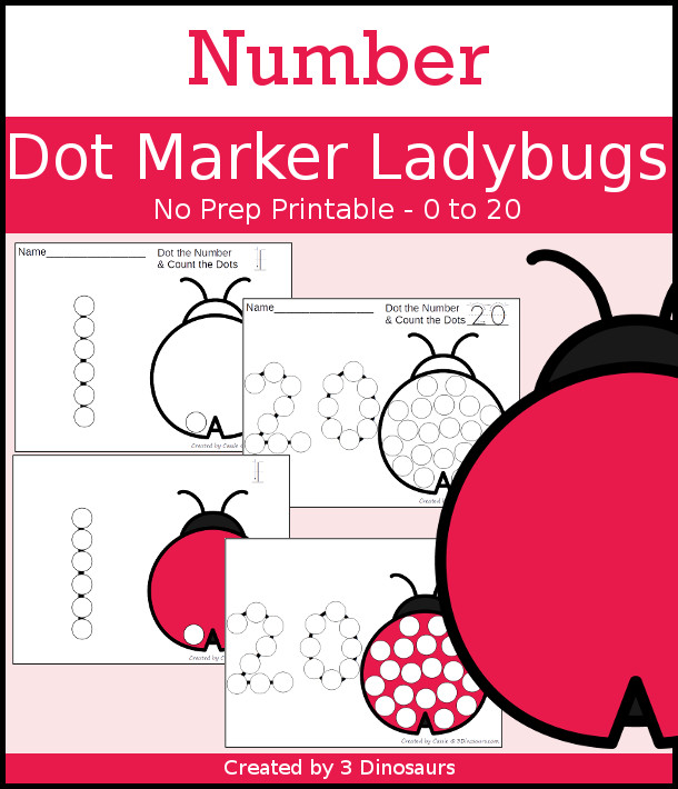 Ladybug Dot the Number & Count the Dots - numbers 0 to 20 with dot marker activities for kids to work on numbers and counting - 3Dinosaurs.com