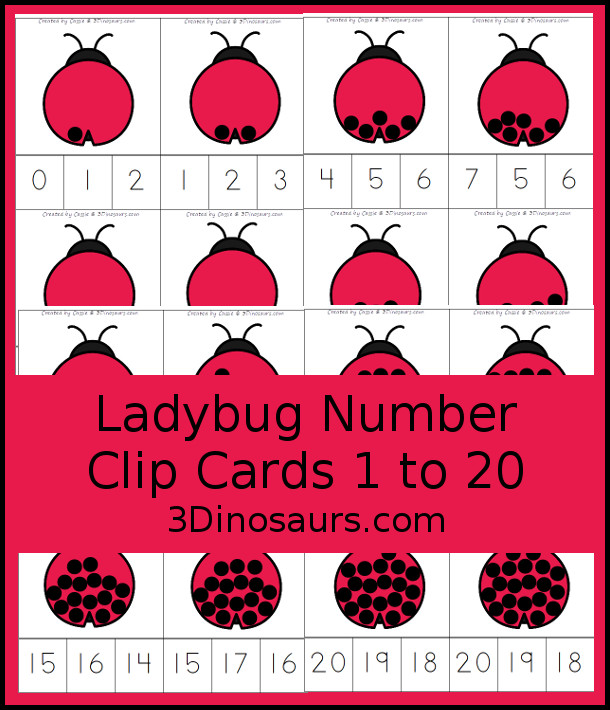 FreeLadybug Number Clip Cards 1 to 20 - Fun clip cards that count the dot on the ladybug number and clip the matching number - 3Dinosaurs.com