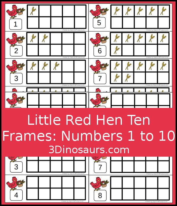 Free What Ten Frame Printables for The Little Red Hen has numbers 1 to 10. You have two sets of ten frames cards. You have one with the ten frame filled out and one with the ten frame blank. It has a gathering wheat theme - 3Dinosaurs.com