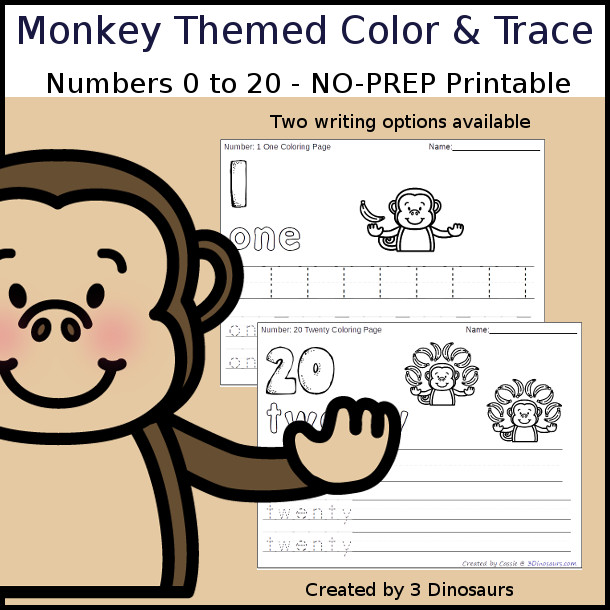 No-Prep Monkey Themed Number Color and Trace - easy no-prep printables with a fun monkey and banana theme 44 pages with two options for the numbers tracing or writing $ - 3Dinosaurs.com #noprepprintable #summerprintables #numbersforkids