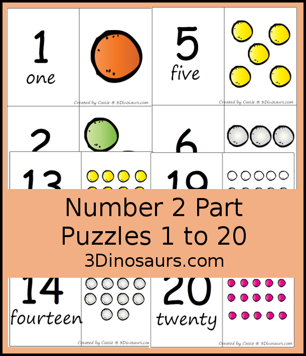 Number 2 Piece Puzzles 1 to 20  - 3Dinosaurs.com