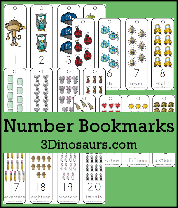 Free Number Bookmarks - Numbers 1 to 20 - 3Dinosaurs.com