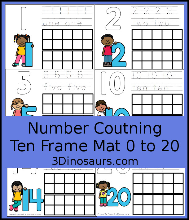 FREE Number Counting Ten Frame Mats - with numbers 1 to 20 for kids to work on learning numbers and counting with ten frame, tracing of number and playdough number - 3Dinosaurs.com