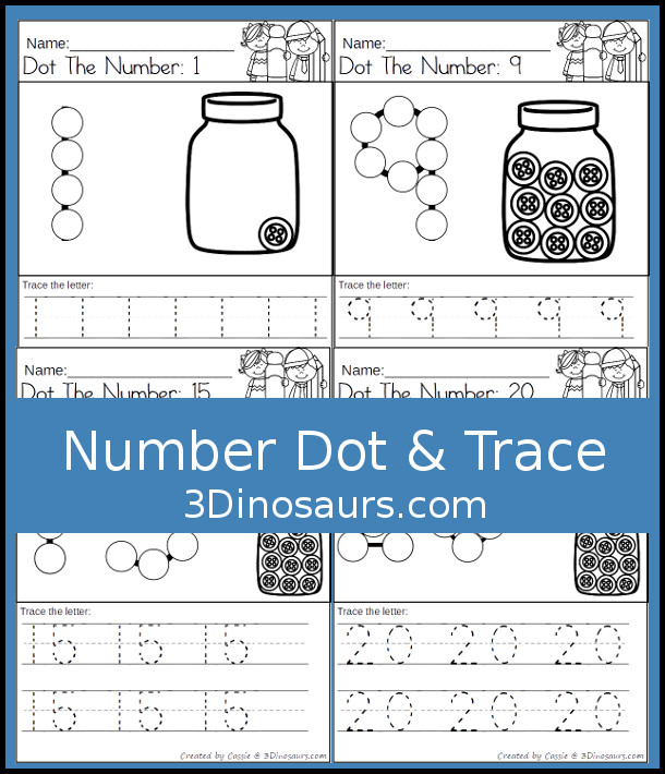 Free Number Dot the Number & Trace the Number - dot marker number with tracing the number and a fun button theme - 3Dinosaurs.com  #3dinosaurs kindergarten #prek #numbers #dotmarker #freeprintable