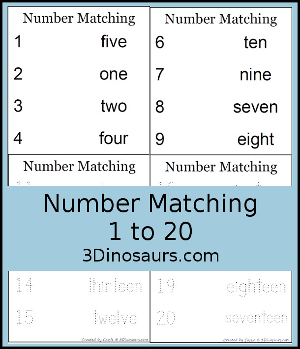Number Matching 1 to 20  - 3Dinosaurs.com