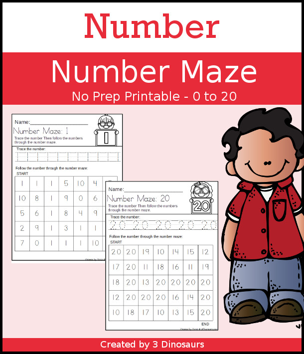 No-Prep Number Mazes - numbers 0 to 20 with tracing of the number - 3Dinosaurs.com