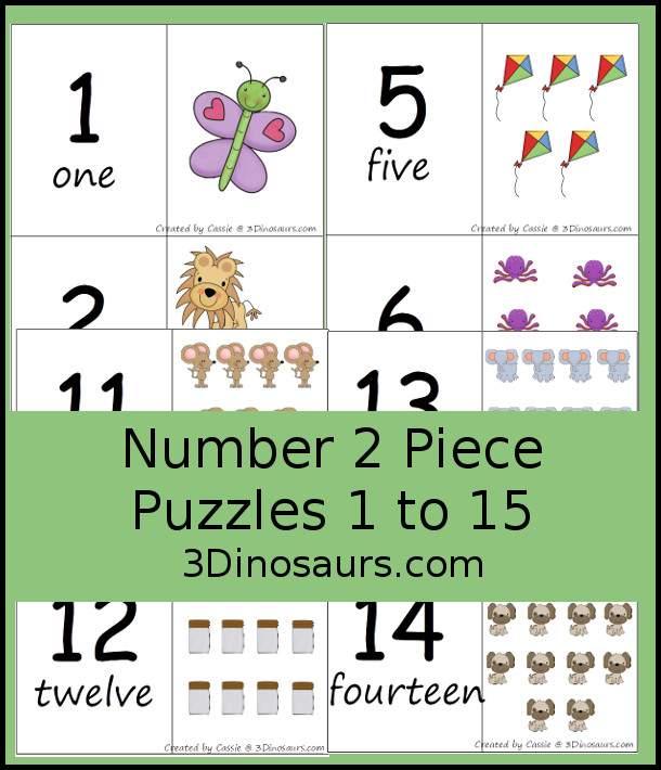 Number 2 Piece Puzzles 1 to 15 - 3Dinosaurs.com