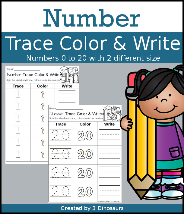 Number Trace Color & Write - 2 font sizes for kids to work on their numbers - 3Dinosaurs.com