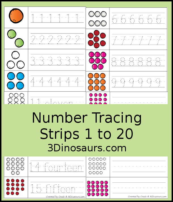 Number Tracing Strips 1 to 20 -  with three tracing strips options with tracing number only, number and digit and writing number all focused on numbers 1 to 20 - 3Dinosaurs.com