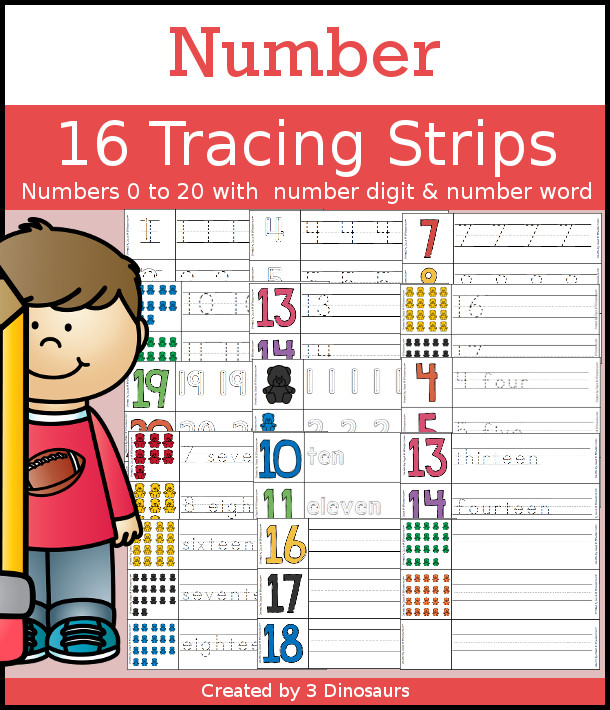 Number 0 to 20 Tracing Strips Selling Set - with 9 options for tracing sets for number words and number digits with two image options - 3Dinosaurs.com