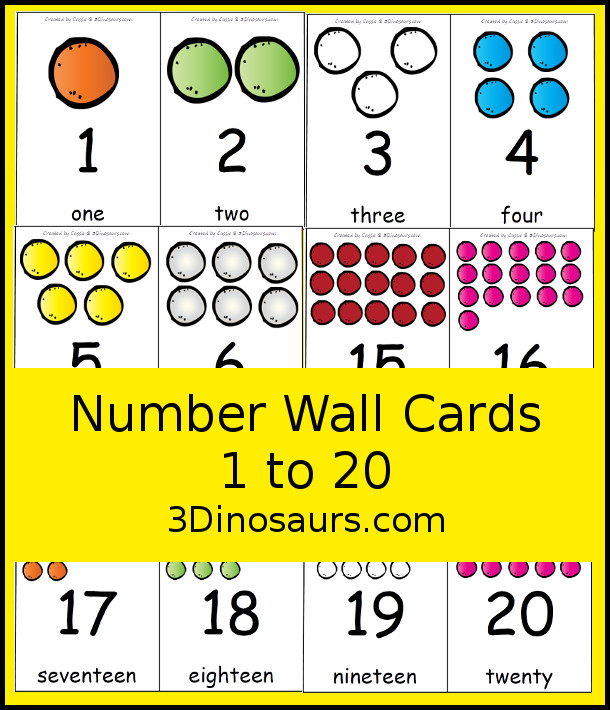 Free Number Wall Cards 1 to 20 - you have number wall cards that are great for PreK and kindergarten with a fun gumball themed with number digit and number word on the cards - 3Dinosaurs.com