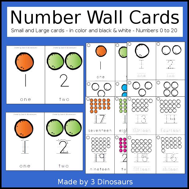 Number Wall Cards 1 to 20 Set - you have number wall cards that are great for PreK and kindergarten with a fun gumball themed with number digit and number word on the cards with two sizes of cards - They come in several options for the numbers and also come in black and white version - 3Dinosaurs.com