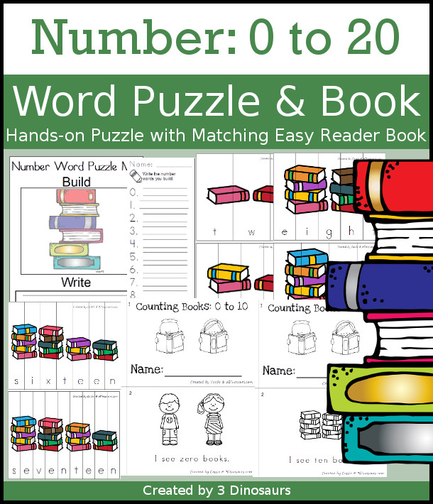 Number Word Puzzles & Easy Reader books - hands-on spelling activity for number words o to 20 with matching books - 3Dinosaurs.com #easyerreaderbooks #numbersforkids #kindergarten