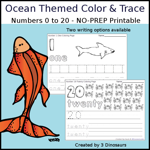 No-Prep Ocean Themed Number Color and Trace - easy no-prep printables with a fun beach theme 44 pages with two options for the numbers tracing or writing $ - 3Dinosaurs.com #noprepprintable #summerprintables #numbersforkids