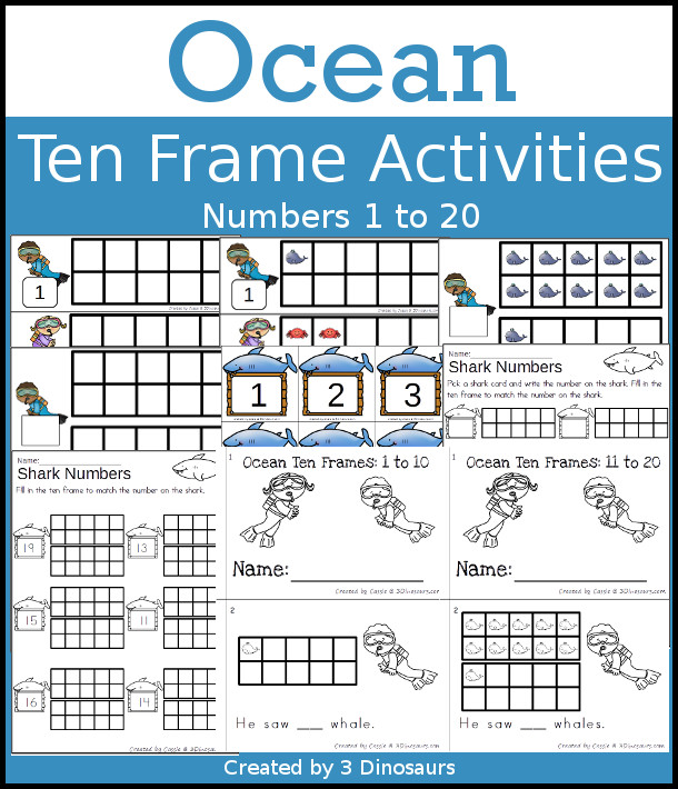 Ocean Themed Ten Frame Set: 4 sets of number cards, hands-on and no prep printables, 2 easy reader books with numbers 1 to 20 $ - 3Dinosaurs.com