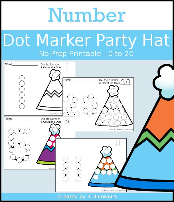 Party Hat Dot the Number & Count the Dots - numbers 0 to 20 with dot marker activities for kids to work on numbers and counting - 3Dinosaurs.com