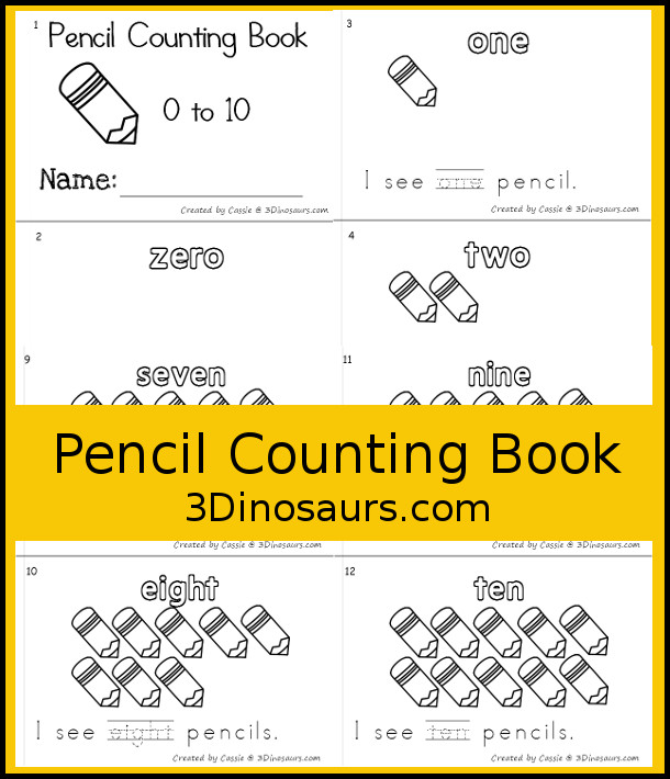 Free Pencil Number Word Counting Book Printable - with coloring number word and tracing number word - 3Dinosaurs.com