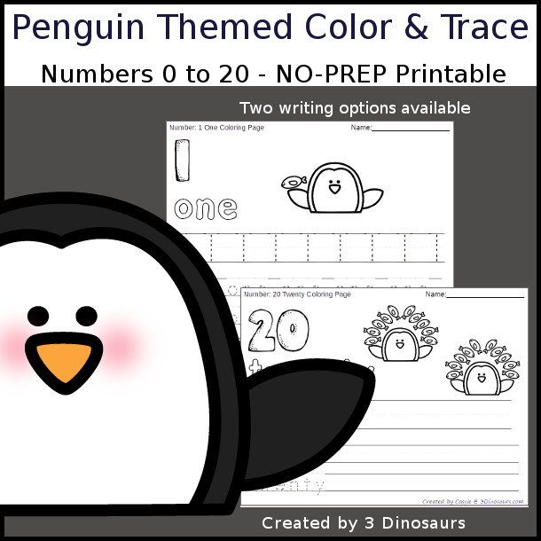 No-Prep Penguin Themed Number Color and Trace - easy no-prep printables with a fun penguin and fish theme 44 pages with two options for the numbers tracing or writing $ - 3Dinosaurs.com #noprepprintable #summerprintables #numbersforkids