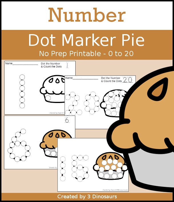 Pie Dot the Number & Count the Dots - numbers 0 to 20 with dot marker activities for kids to work on numbers and counting - 3Dinosaurs.com