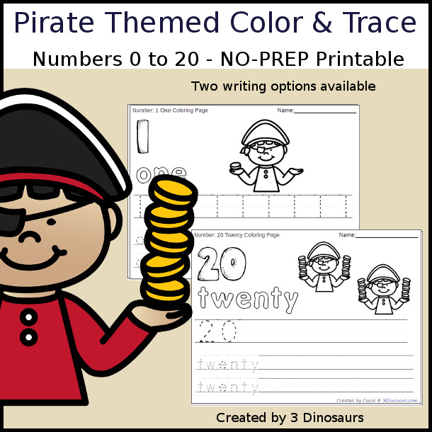 No-Prep Pirate Coin Themed Number Color and Trace - easy no-prep printables with a fun pirate theme 44 pages with two options for the numbers tracing or writing $ - 3Dinosaurs.com #noprepprintable #pirateprintables #numbersforkids