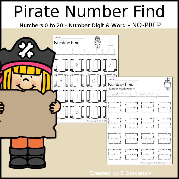 Pirate Themed Number Find - easy to use no-prep printable numbers 0 to 20 $ - 3Dinosaurs.com