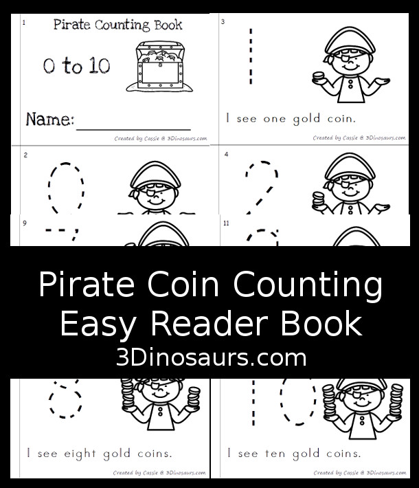 FREE Pirate Counting Easy Reader Book - has 6 pages with number 0 to 10 with pirate counting themes - 3Dinosaurs.com