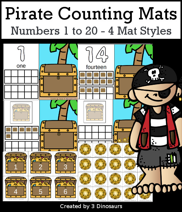 Pirate Counting Mats: 1 to 20 - hands-on math with playdough number and ten frames with 4 mat options - 3Dinosaurs.com