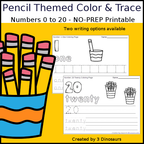 No-Prep Pencil Themed Number Color and Trace - easy no-prep printables with a fun pencil themed theme 44 pages with two options for the numbers tracing or writing $ - 3Dinosaurs.com #noprepprintable #schoolprintables #numbersforkids