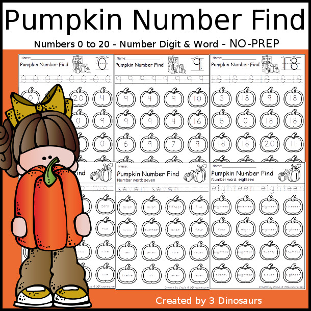 Pumpkin Themed Number Find: with number digit and number words with to find with tracing- 3Dinosaurs.com