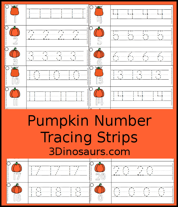 Free Pumpkin Theme Number Tracing Strips - with numbers 1 to 20 - 3Dinosaurs.com